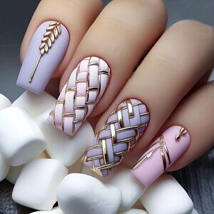 24pcs Set of Glossy Purple Press-On Nails with Wheat Design - Long Square Shape